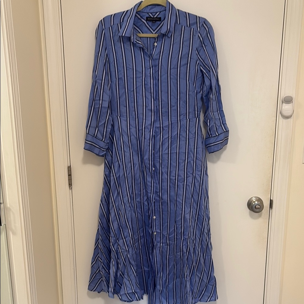 Blue and White A-Line Dress with Cuffed Sleeves